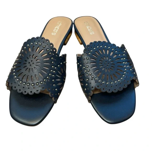 Chico's Woman’s Laser Cut Slide Sandals Navy Blue Gold Studs Size 9 - Picture 2 of 8